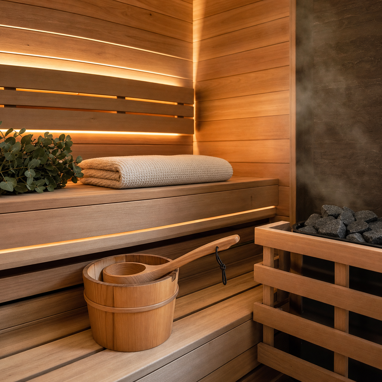 Cedar sauna interior with stones, towels, and warm ambient lighting